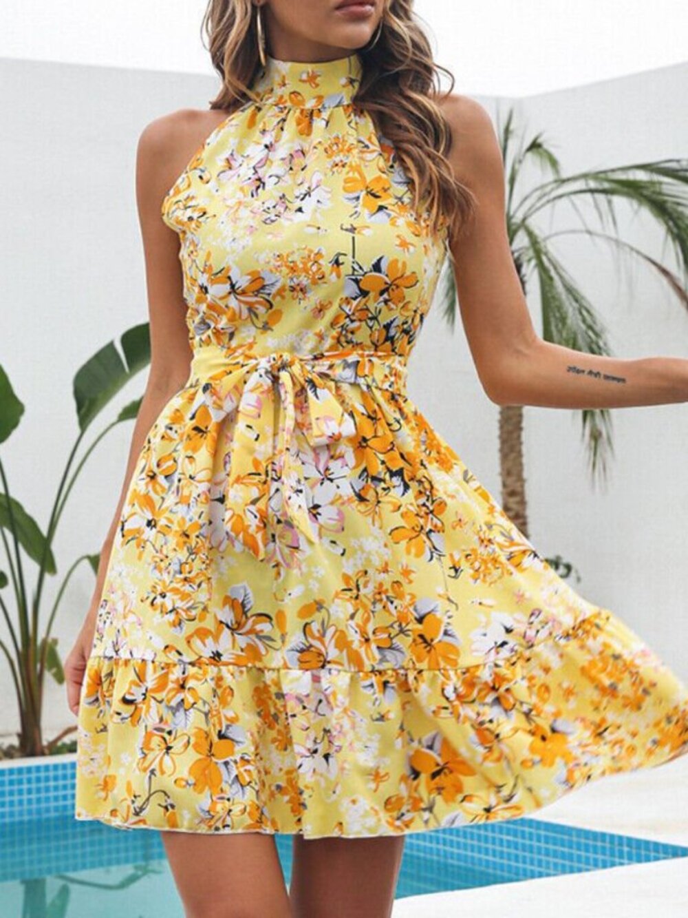 Yellow Floral Print Halter Neck Mini Dress